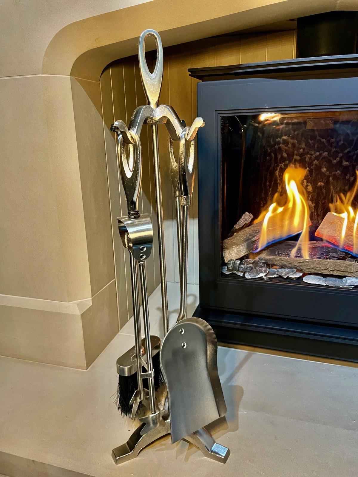 Contemporary Silver Fireplace Companion Set – Tool Stand & 4 Tools