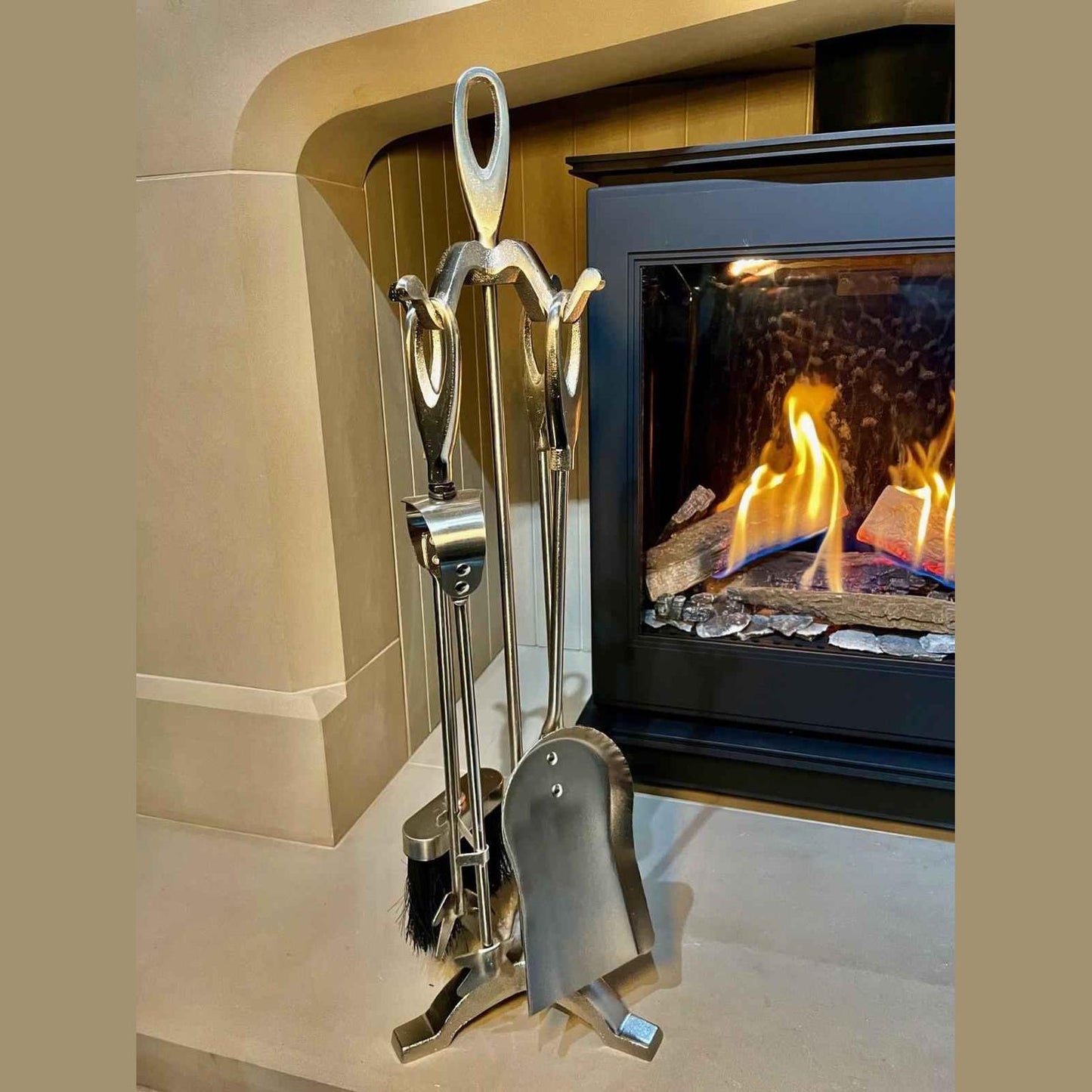 Contemporary Silver Fireplace Companion Set – Tool Stand & 4 Tools