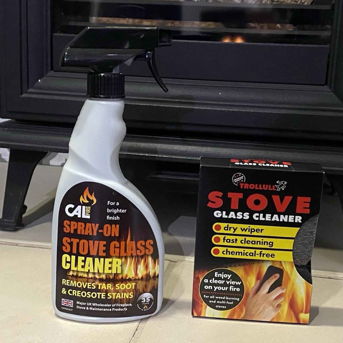 Trollull Stove Log Burner Glass Cleaner Pads (2-Pack) & Calfire Soot & Tar Spray