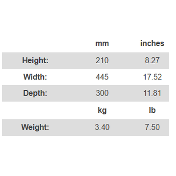Adam Fairford log holder dimensions chart showing height width depth and weight specifications