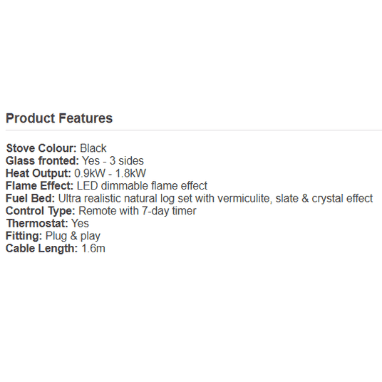 Aurora Infinity Cylinder Stove features list including heat output remote control and realistic flame effect