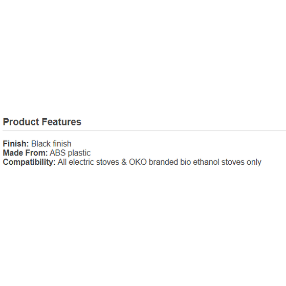 Product features list for Aurora black stove pipe highlighting ABS plastic material and compatibility