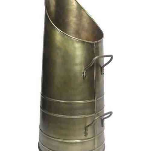 Close-up of Calfire Dryton steel coal scuttle with riveted handles and bands