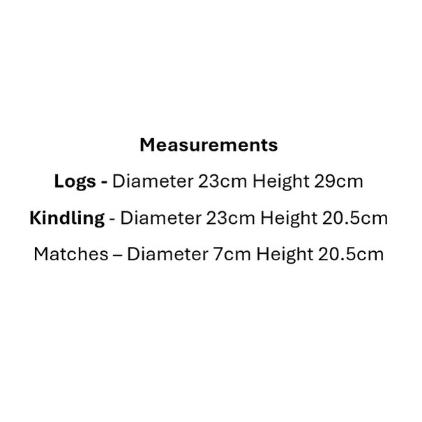 Copper Log Kindling and Match Holder Set dimensions chart showing sizes for logs kindling and matches