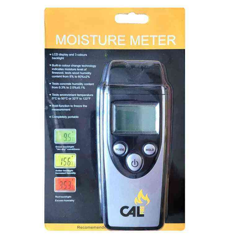 Calfire moisture meter in retail packaging showing color-coded LCD readings for damp detection