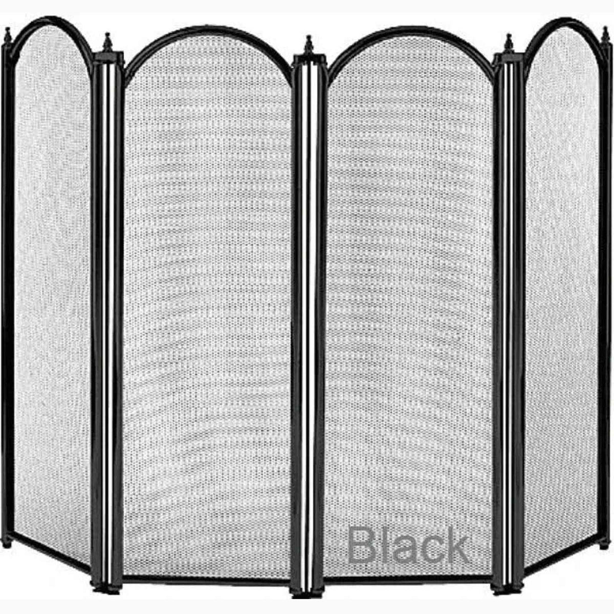 Full view of Dynasty black 4-panel folding fireplace spark protector with fine mesh