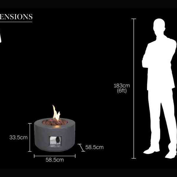 Field & Flame grey cylinder fire pit dimensions graphic showing height and lava rock interior