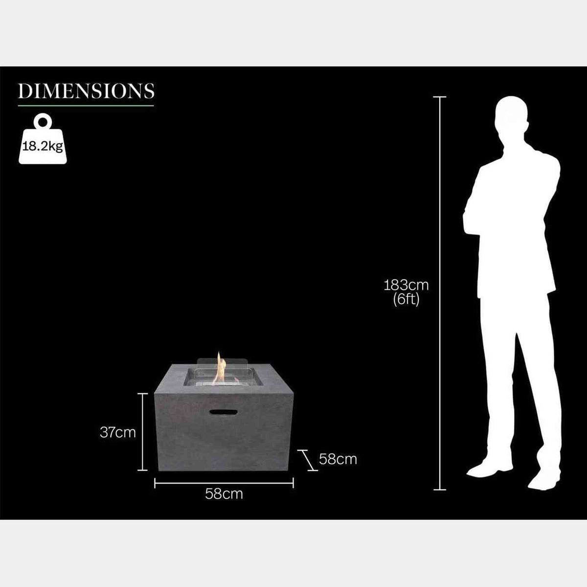Field & Flame Cassia fire pit dimensions graphic showing 58cm width and 37cm height scale