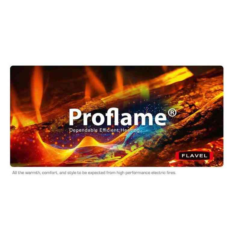 Flavel Proflame logo over glowing logs highlighting dependable efficient electric heating