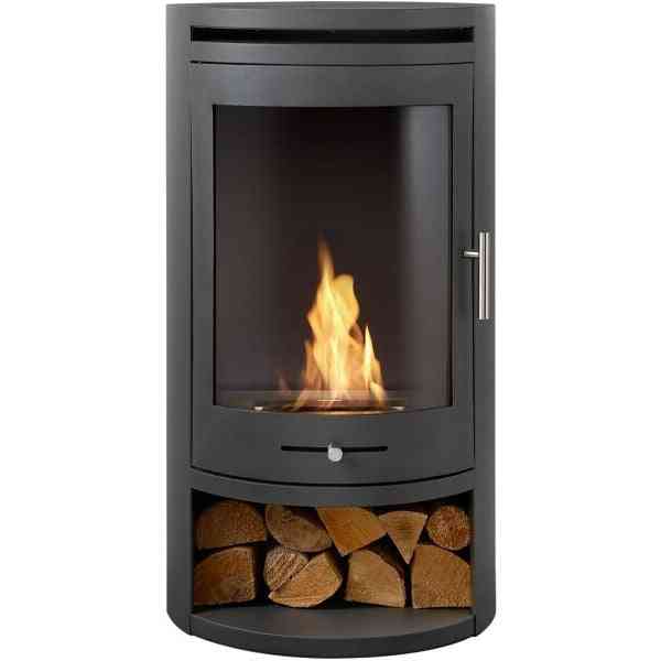 Tall cylindrical charcoal grey OKO S5 freestanding bio ethanol stove with glass front, handle, and base log store