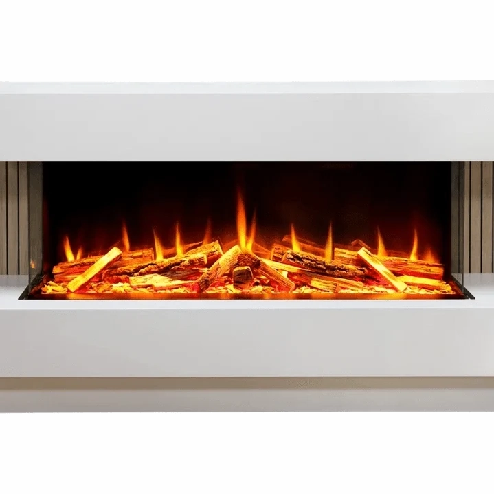 Front view of Proflame Monroe 1000 electric fireplace suite featuring smooth white surround and active flame effect over logs
