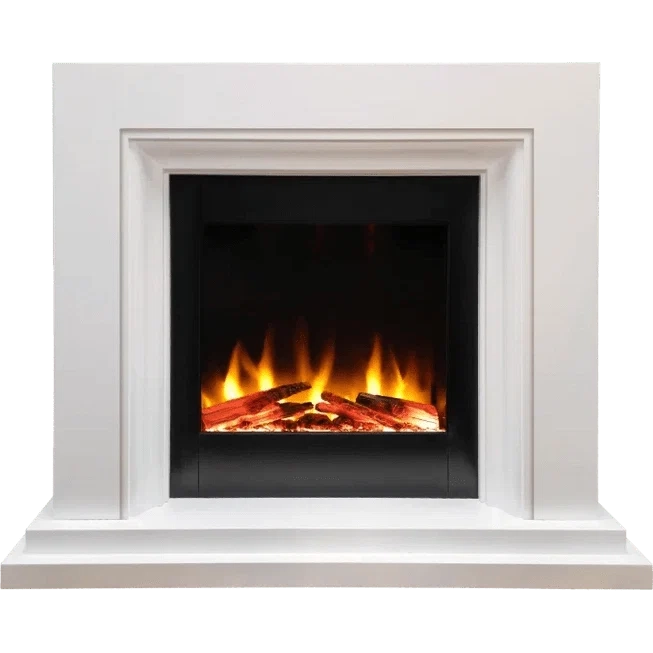 White Proflame Navarro Celena freestanding electric fireplace suite front view with glass flame effect