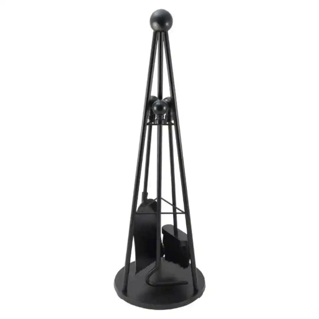 Black pyramid-shaped fireplace tool stand with multiple tools hanging, designed for modern hearths, shown in a contemporary interior.