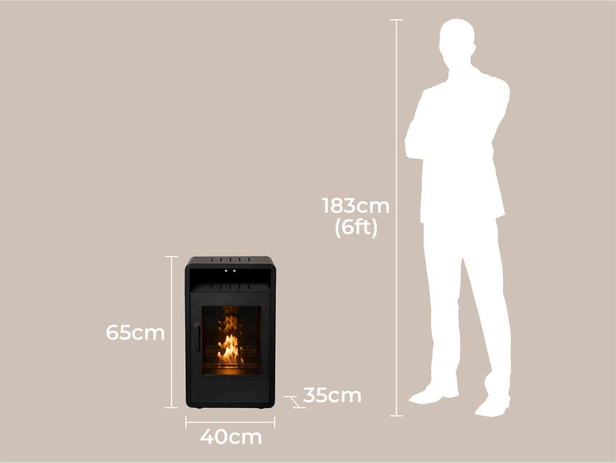Black bio ethanol stove with dimensions 65cm height, 40cm width, 35cm depth, and realistic flame display for modern living spaces