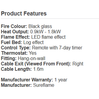 Sureflame WM-9331 42" Electric Wall Mounted Fire – Black Glass with Remote