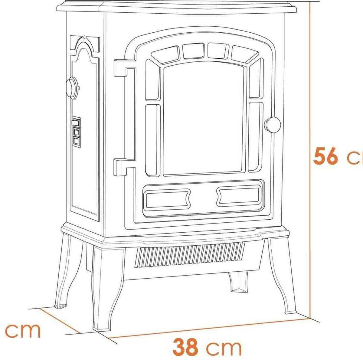 Dimensions diagram for Sureflame Ripon electric stove showing 56cm height and 38cm width