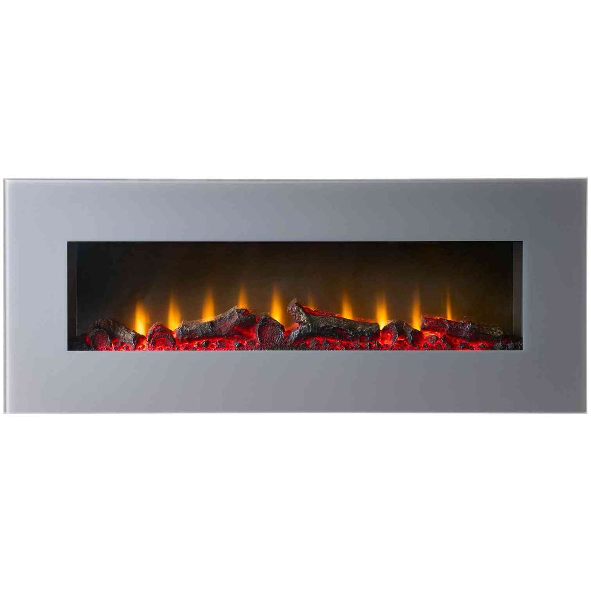 Close-up of the sleek grey frame of the electric wall fire showcasing the vivid LED flame display and glowing logs.