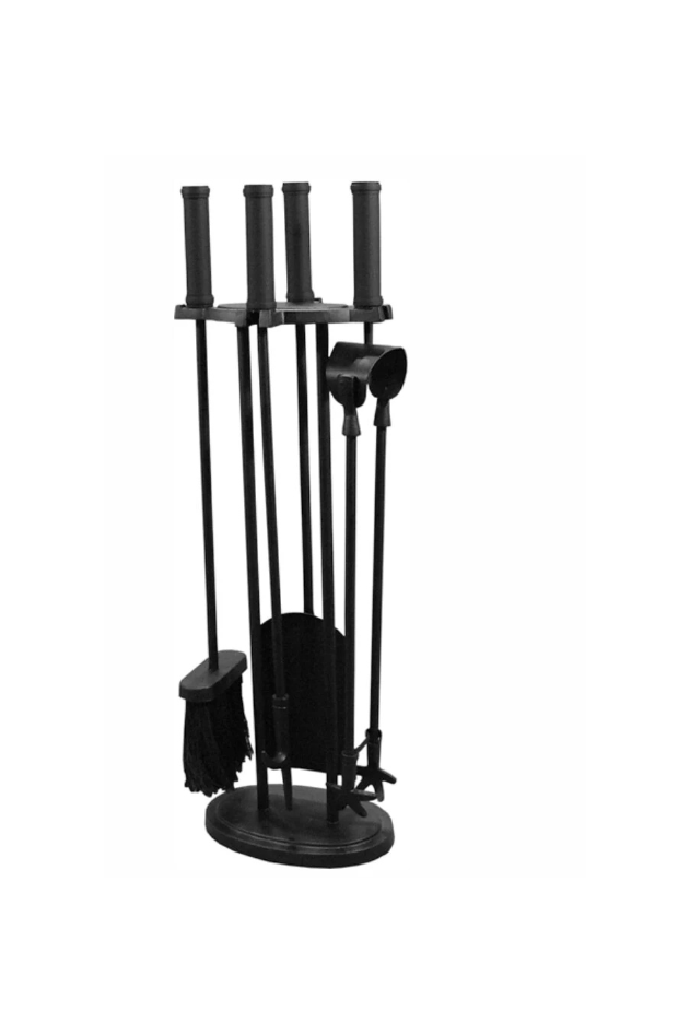 A matte black contemporary fireplace companion tool set featuring clean-lined cylindrical handles on a space-saving round base with four hanging fire tools.