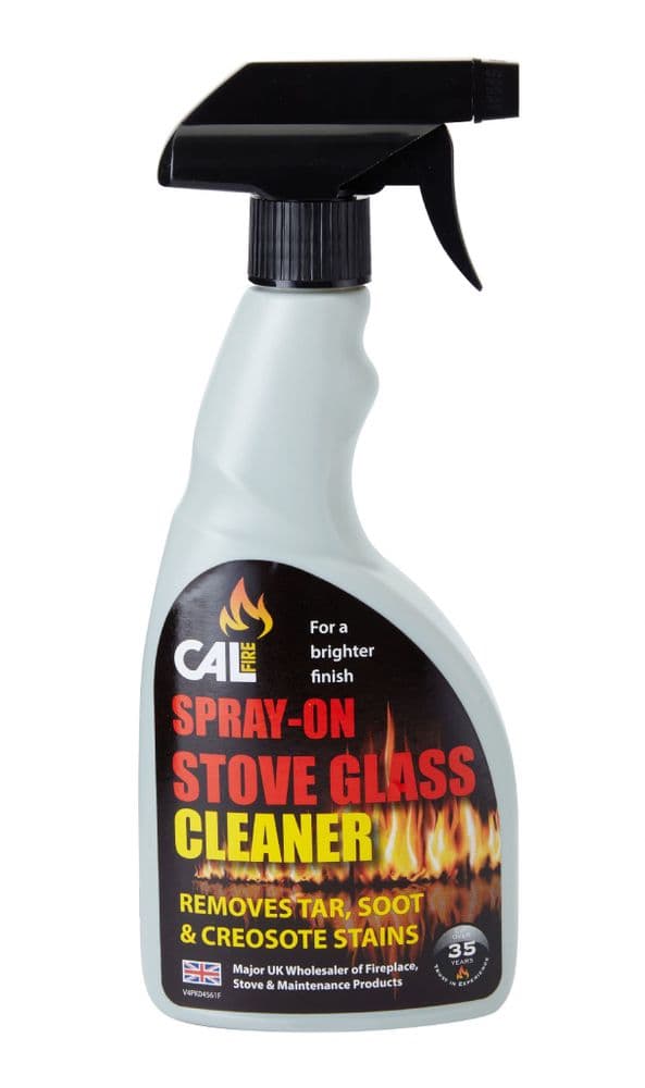 500ml spray-on stove glass cleaner bottle with black trigger, designed to remove tar, soot, and creosote stains.