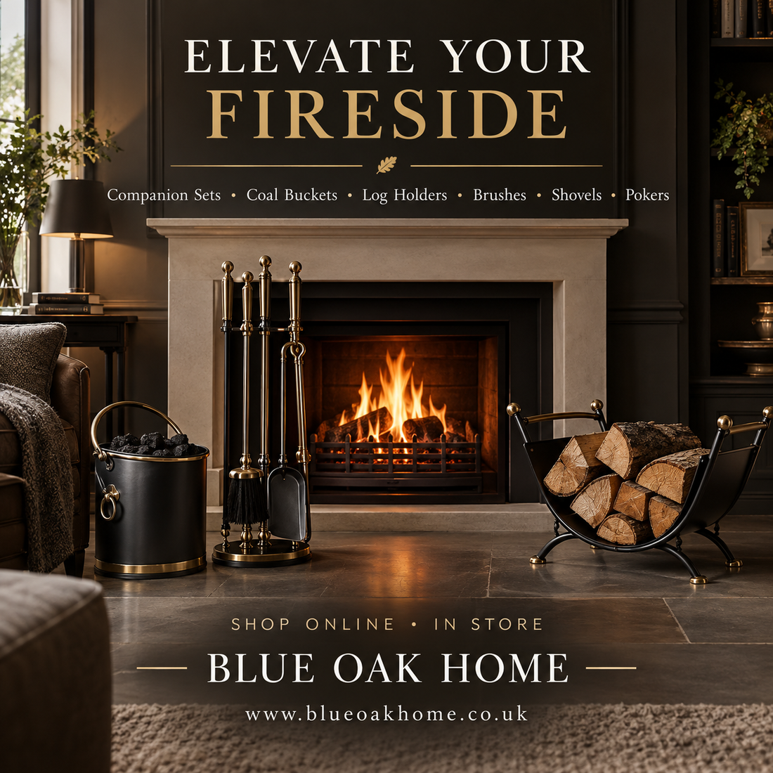 Elegant illustration of a cozy fireplace with a log holder, coal bucket, and fireplace tools, promoting essential companion sets for hearths.