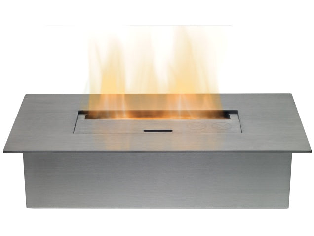 A sleek stainless steel bioethanol fire burner with open flames, designed for safe indoor or outdoor use, highlighting essential bioethanol fire safety tips.