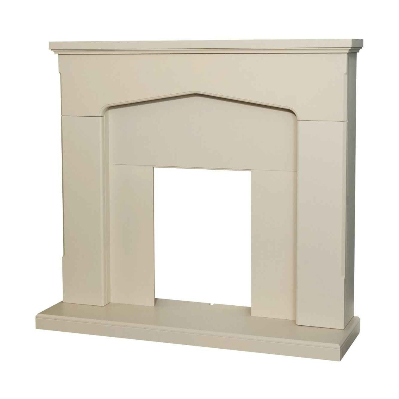 Traditional white micro marble fireplace surround framing a freestanding electric stove fire.
