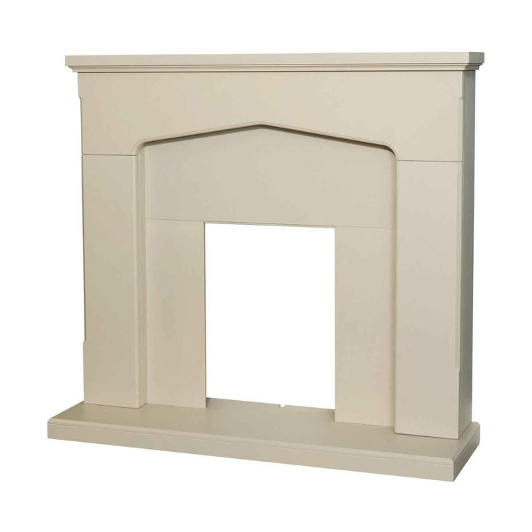 Traditional white micro marble fireplace surround framing a freestanding electric stove fire.