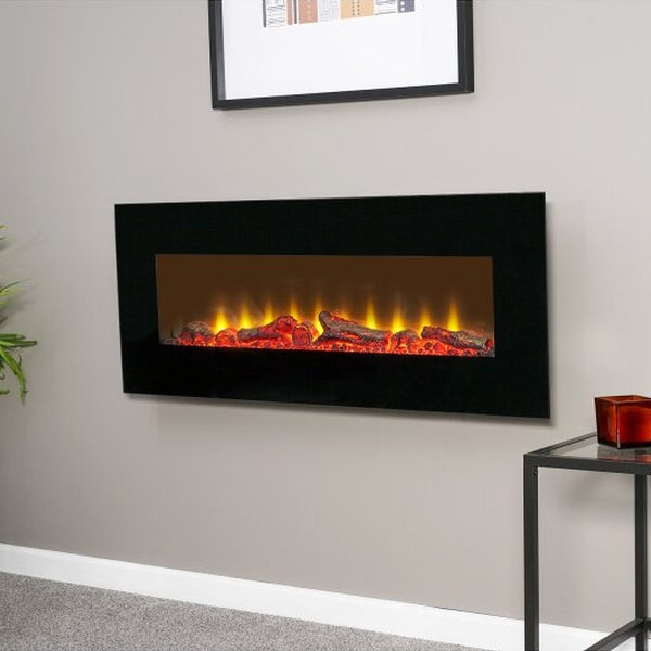 Sureflame WM-9331 42 inch wall mounted black glass electric fireplace with realistic LED flame effect.