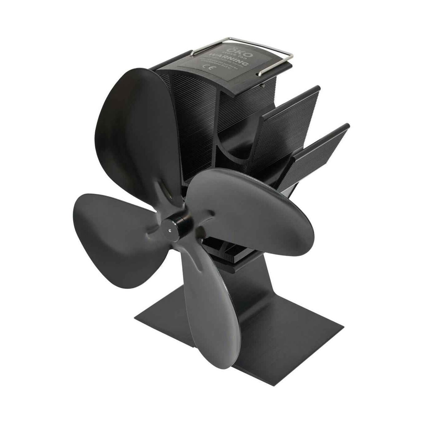 OKO 4-blade heat powered eco stove fan in black anodised aluminium for log burners.