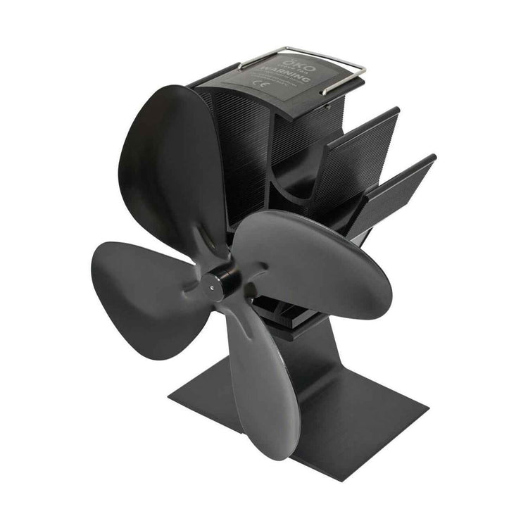OKO 4-blade heat powered eco stove fan in black anodised aluminium for log burners.