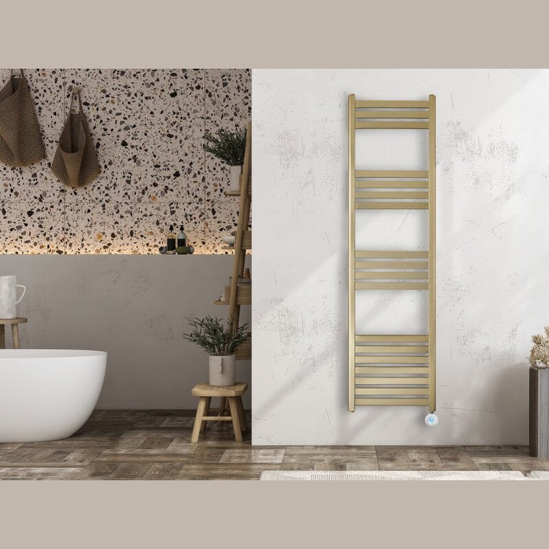 Brushed brass electric towel rail radiator with smart WiFi control element in a modern bathroom.