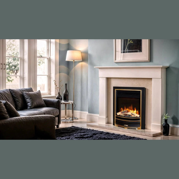 Flavel Proflame Arcadia inset electric fire with black and gold cast fascia and realistic glowing fuel bed.