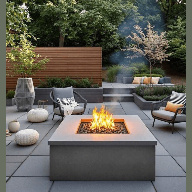 Square concrete gas fire pit table with lava rocks.