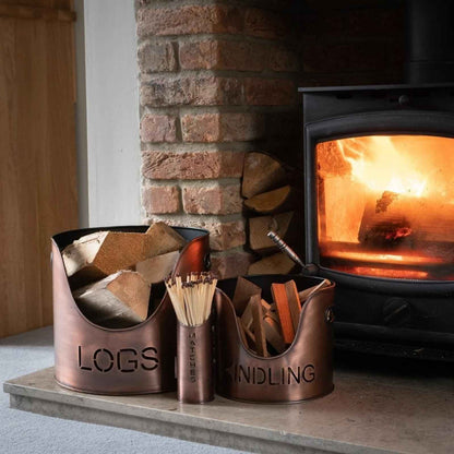 Set of 3 Log Kindling and Match Holder Copper