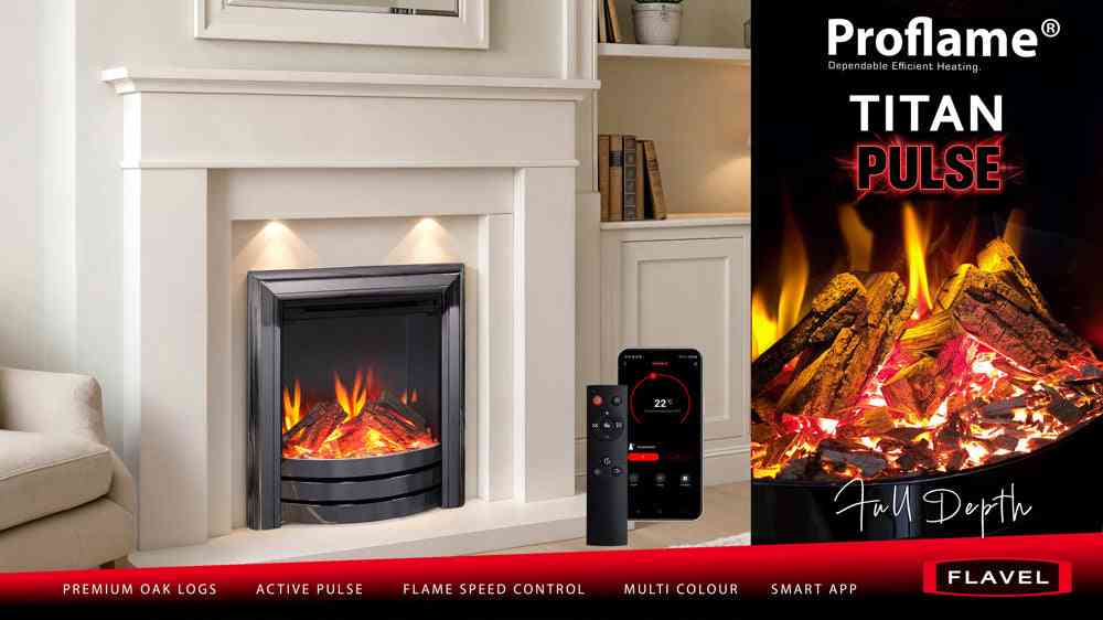 Proflame Titan Pulse electric fire in black nickel installed in a white mantel, featuring app control and realistic flame effects
