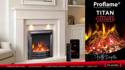 Proflame Titan Pulse electric fire in black nickel installed in a white mantel, featuring app control and realistic flame effects