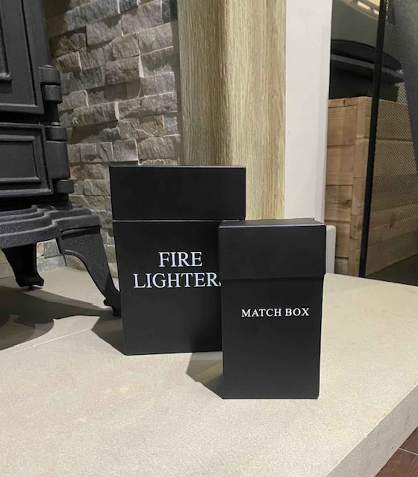 Black Fire Lighter & Match Box Holder Set Modern Fireplace Fireside Storage Tidy