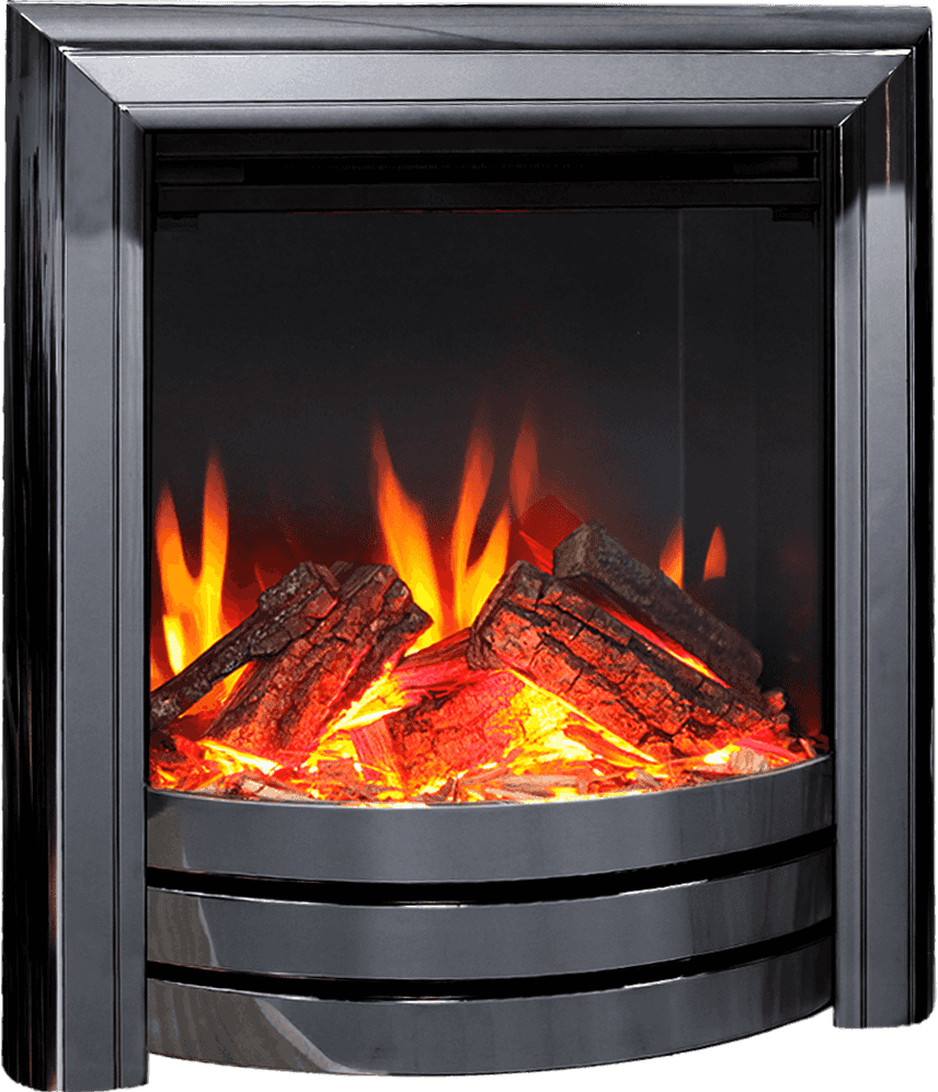Close-up of black nickel electric fireplace with glowing ember logs and flames, modern inset design for indoor home use