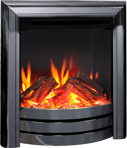 Close-up of black nickel electric fireplace with glowing ember logs and flames, modern inset design for indoor home use