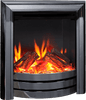 Black nickel electric fireplace with realistic glowing ember logs and flames, modern inset design for home heating and ambiance