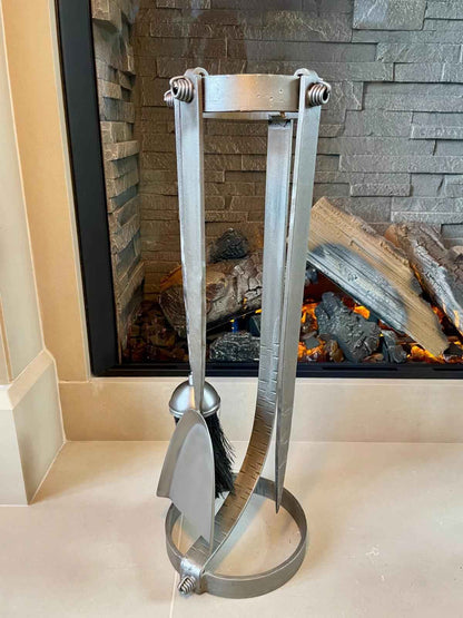 Industrial Forged Steel Fireplace Companion Set – 3 Tools & Unique Curved Stand