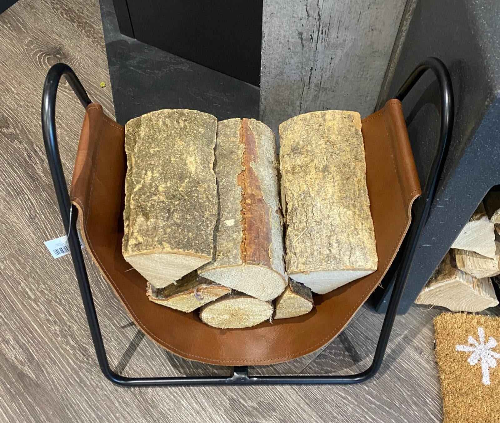 Leather Log Holder Fireplace Basket – Brown Wood Burner & Kindling Storage (40cm)