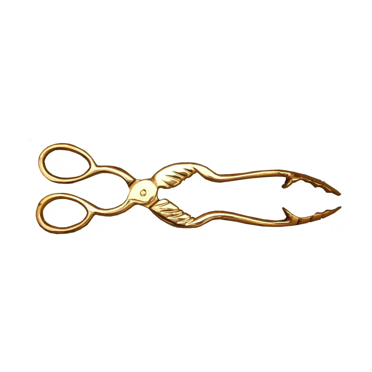 Polished brass fireplace tongs side profile with serrated grips