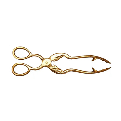 Polished brass fireplace tongs side profile with serrated grips