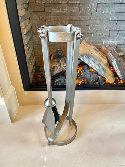 Industrial Forged Steel Fireplace Companion Set – 3 Tools & Unique Curved Stand