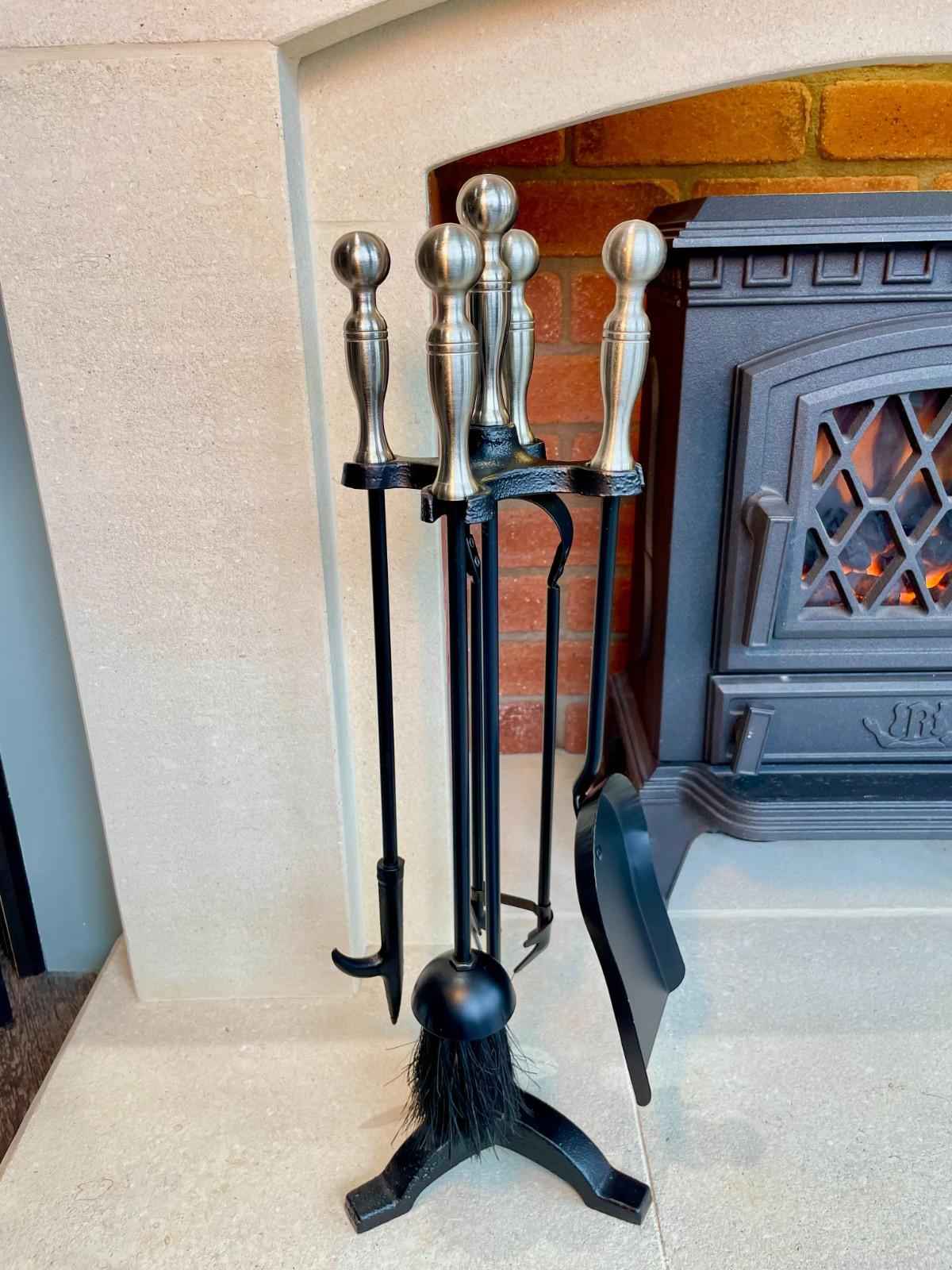 Traditional 4-Piece Fireplace Companion Set – Black with Pewter-Effect Handles, 59cm