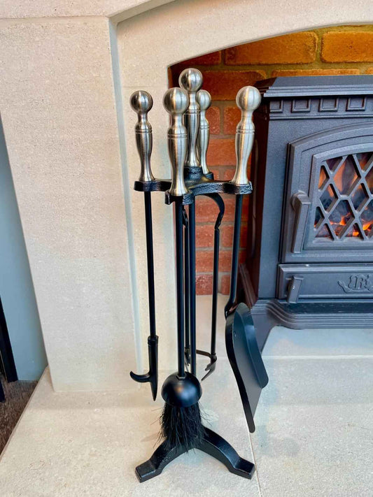 Traditional 4-Piece Fireplace Companion Set – Black with Pewter-Effect Handles, 59cm