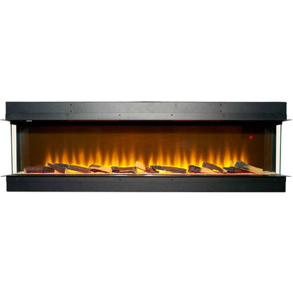 Close-up view of the 3-sided 3D LED flame display and realistic log fuel bed on the Adam Sahara electric fire