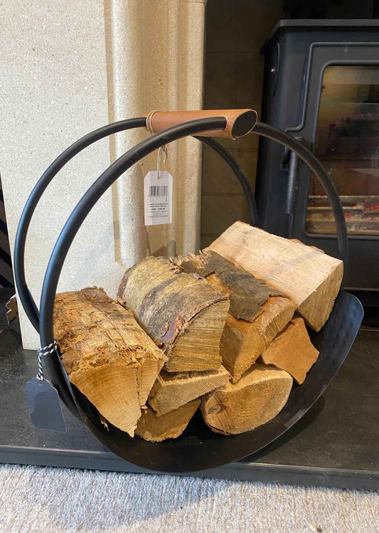 Iron & Clay Rustic Luxury Metal Log Holder Black with Leather Handle