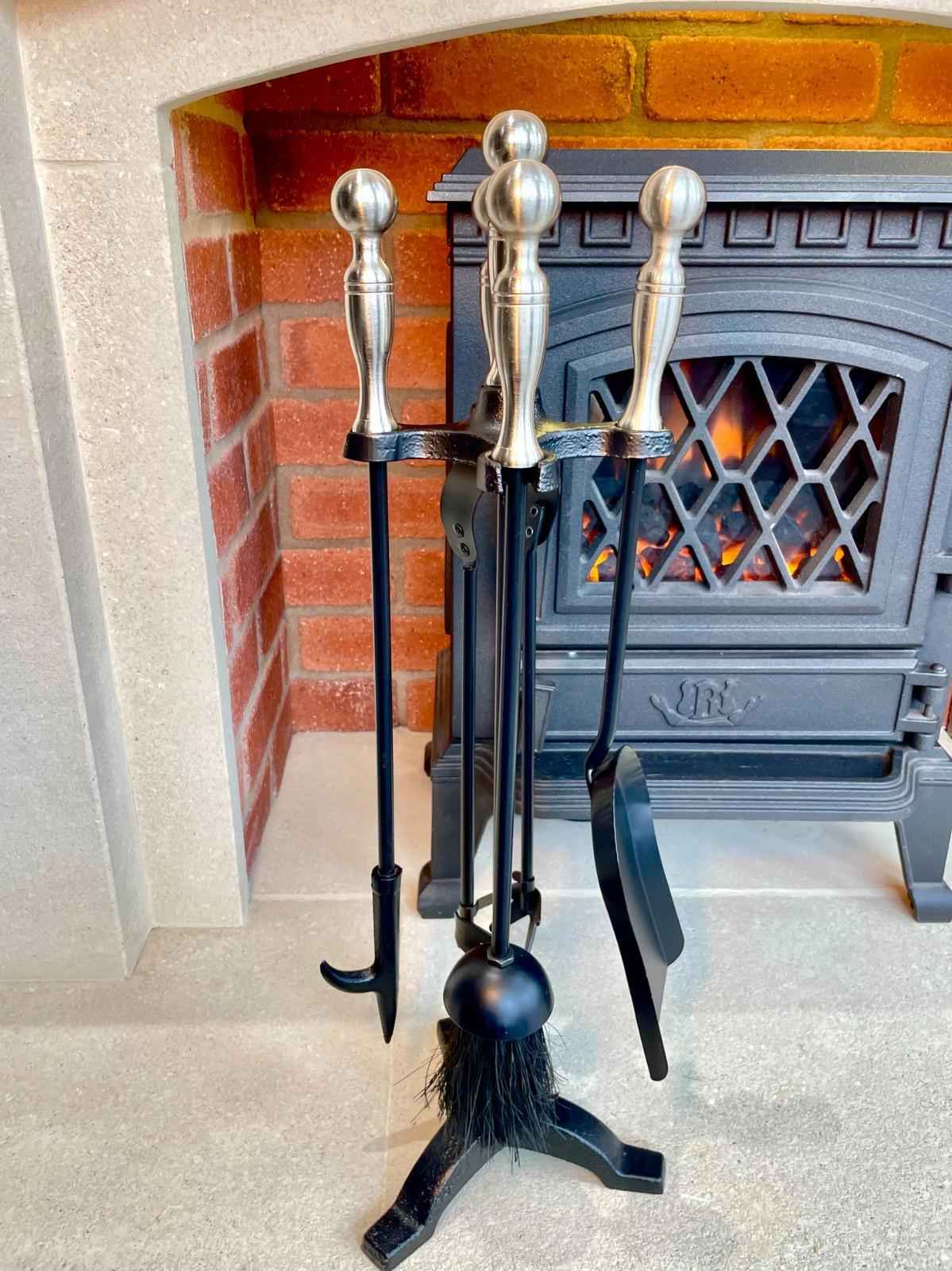 Traditional 4-Piece Fireplace Companion Set – Black with Pewter-Effect Handles, 59cm